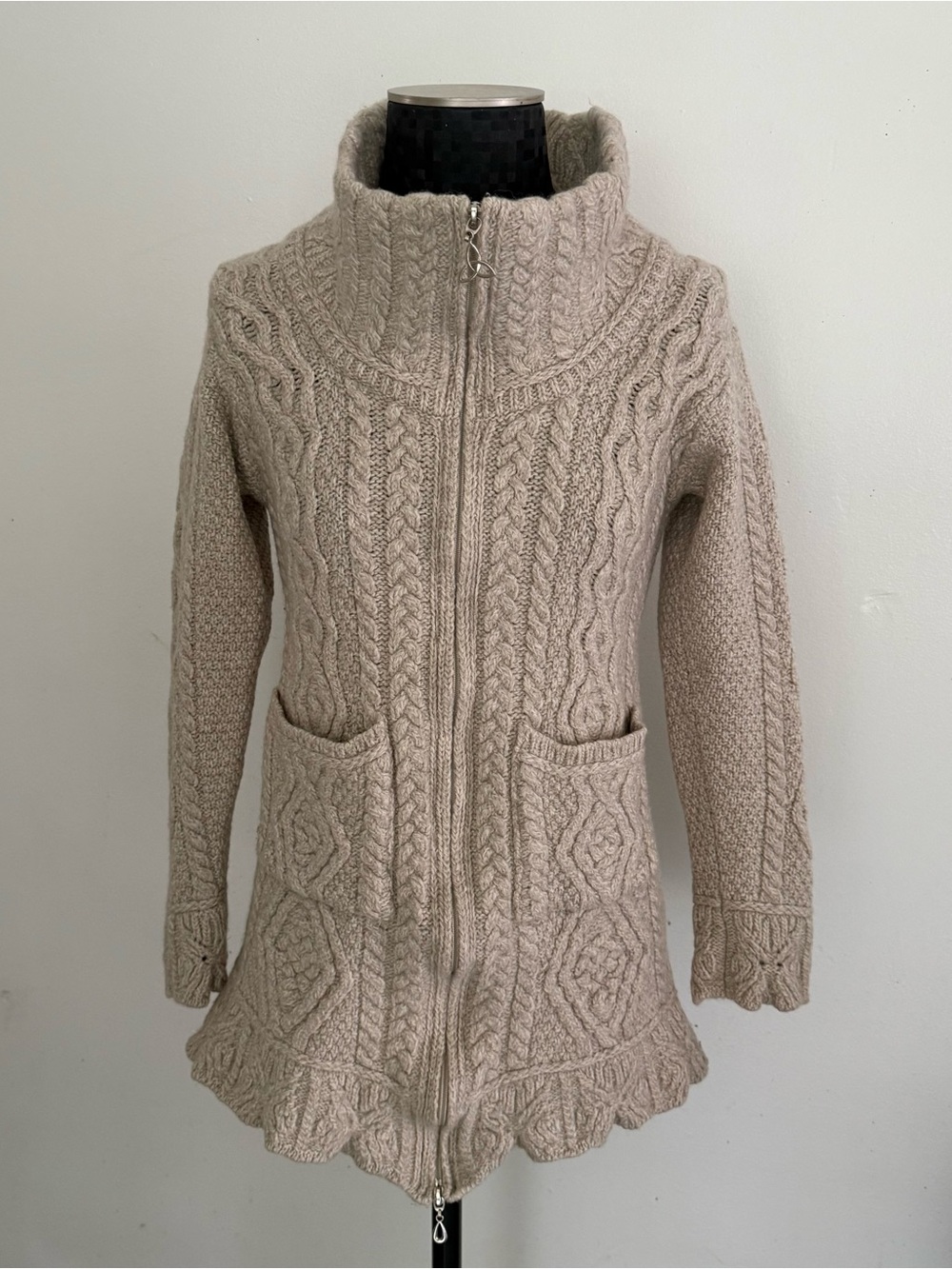 Aran cable-knit merino wool full-zip sweater